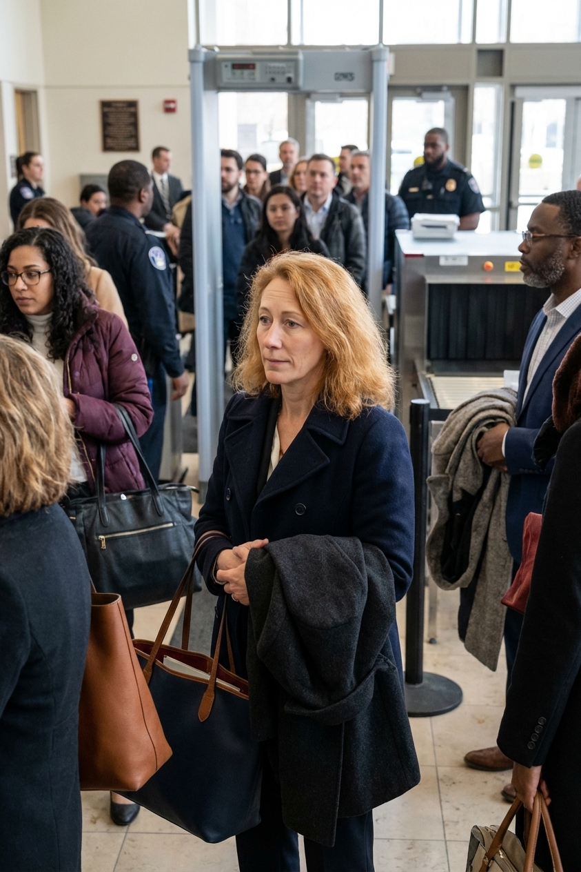 Prospective jurors waiting in a morning courthouse security line with bags and coats, metal detectors visible, realistic photojournalism style