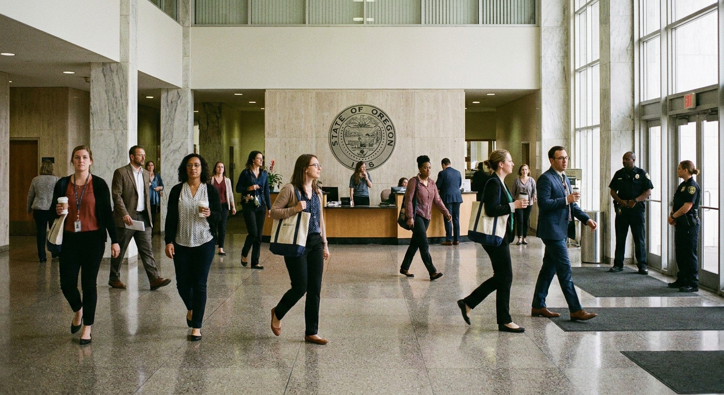 Public employees walking through the lobby of a state government office building during business hours, candid documentary photography