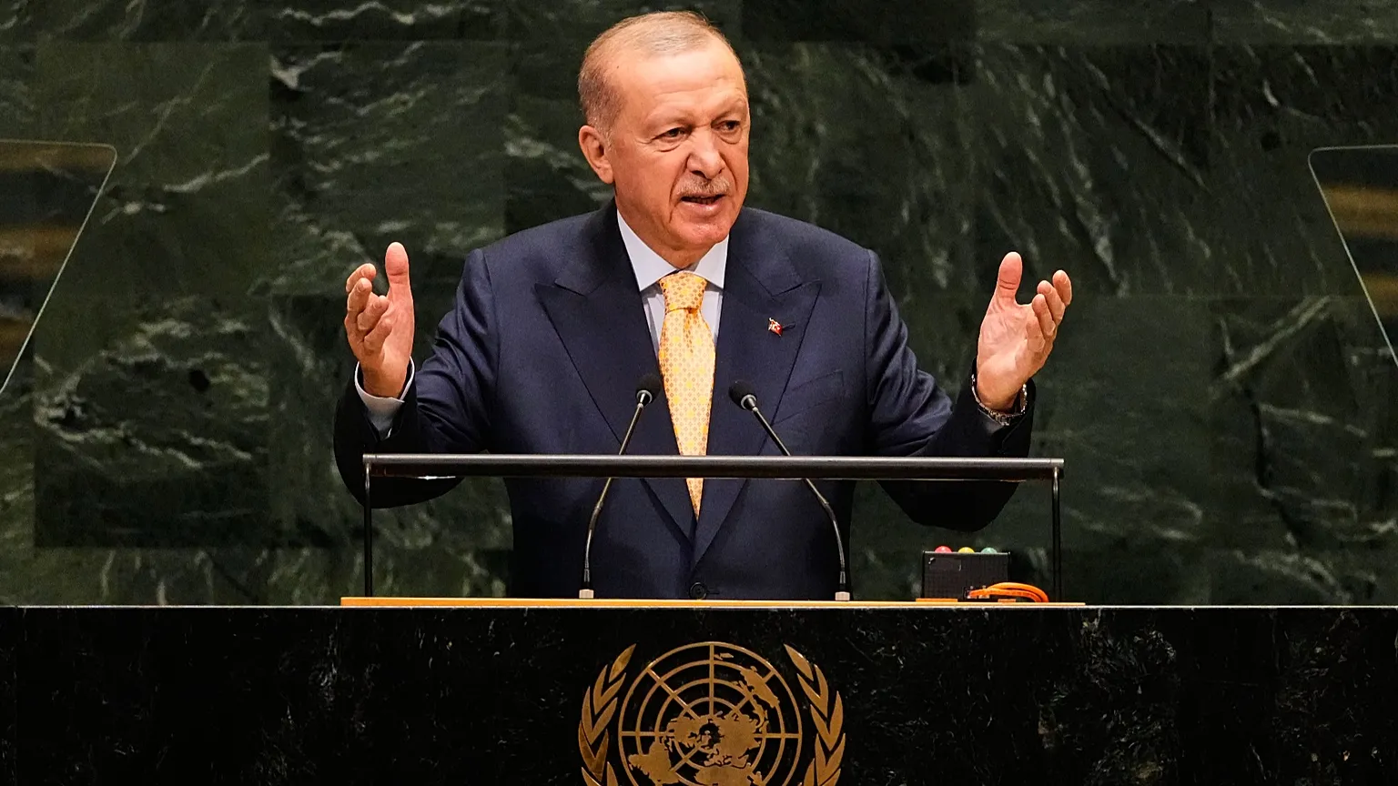 Recep Tayyip Erdogan speaks to journalists in New York during UN meetings