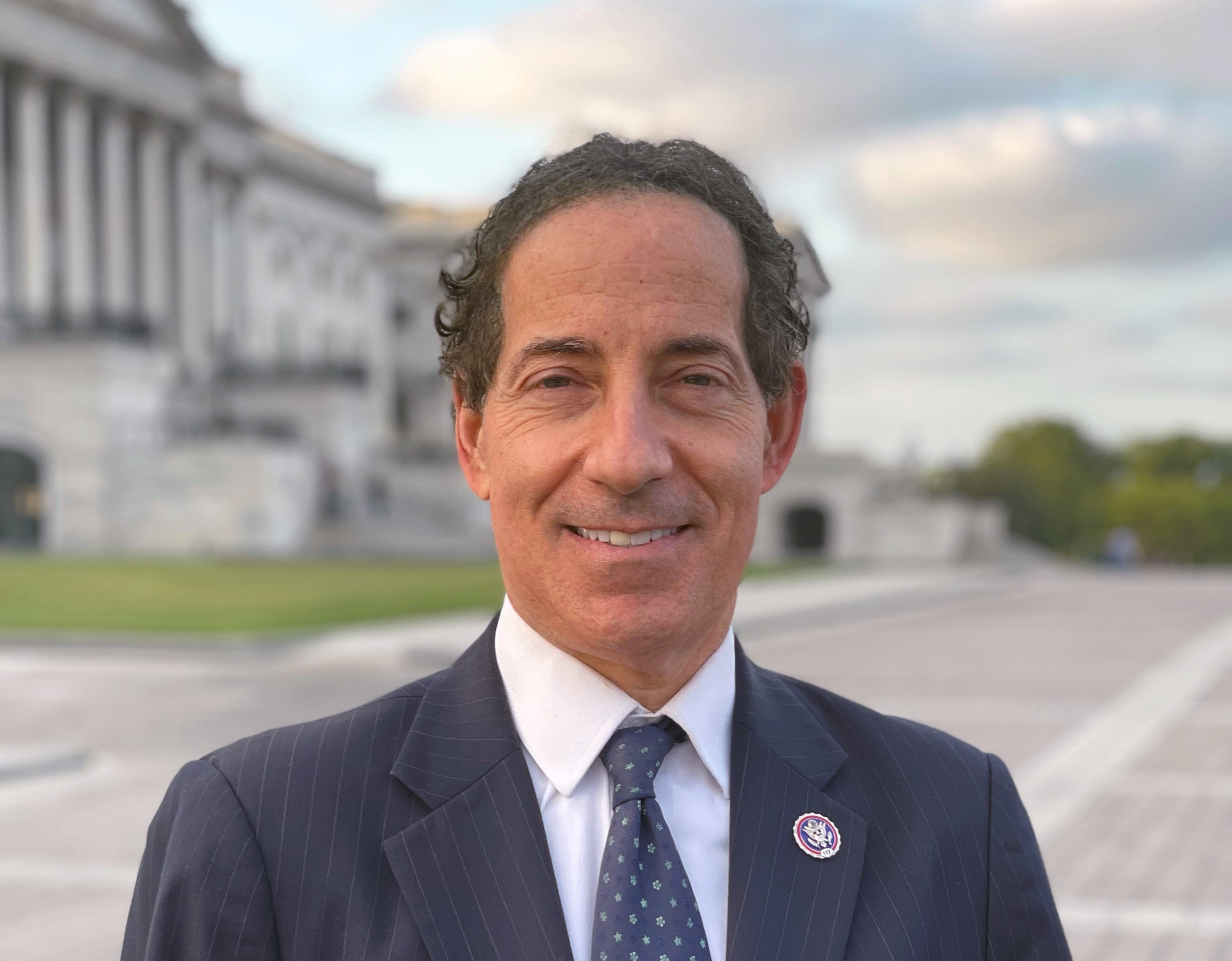Rep. Jamie Raskin speaking during a televised Sunday political interview, seated under studio lights with a neutral backdrop