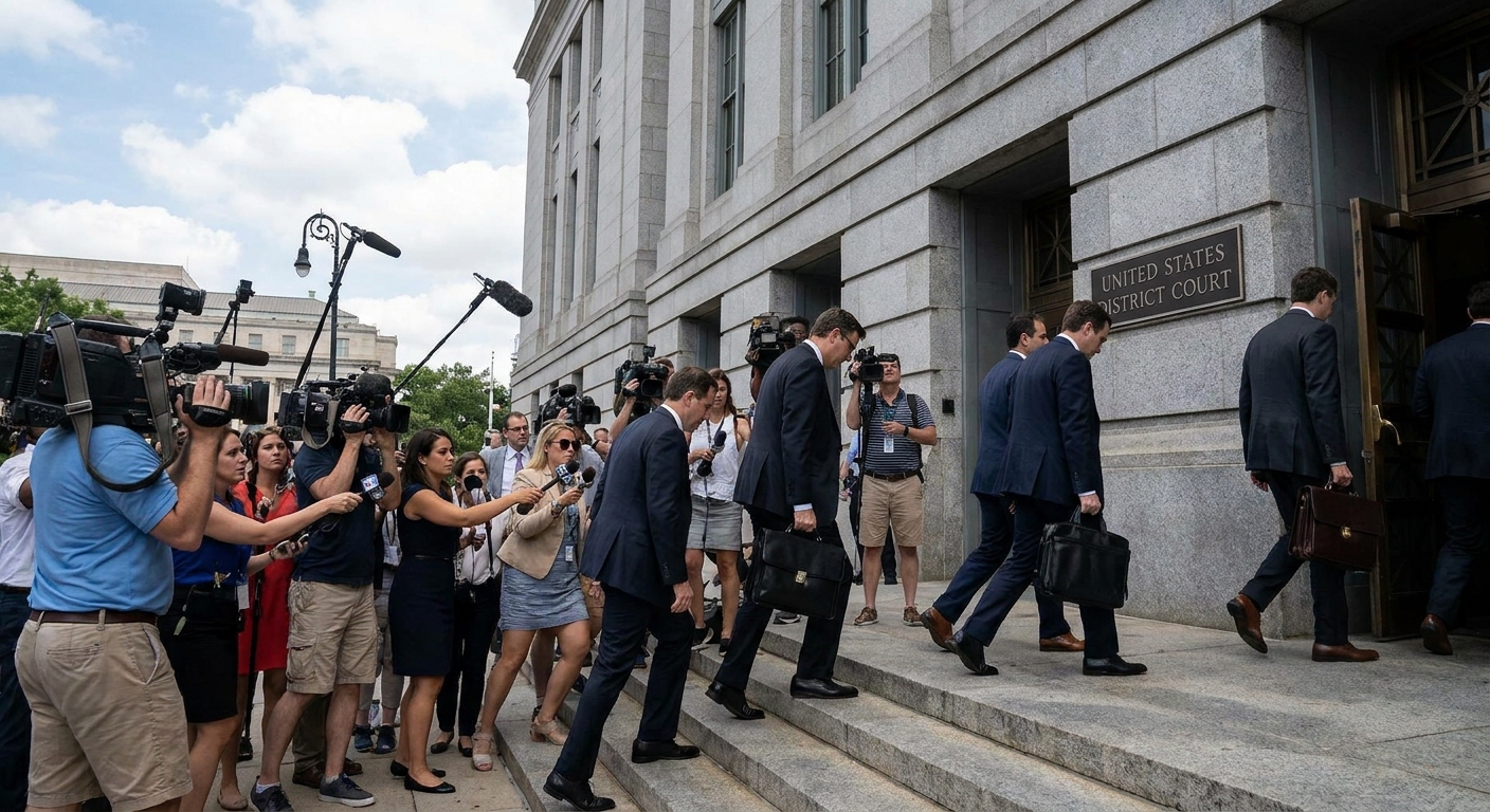 Reporters and camera operators gathered on the steps outside a federal courthouse as attorneys walk past, news photography style
