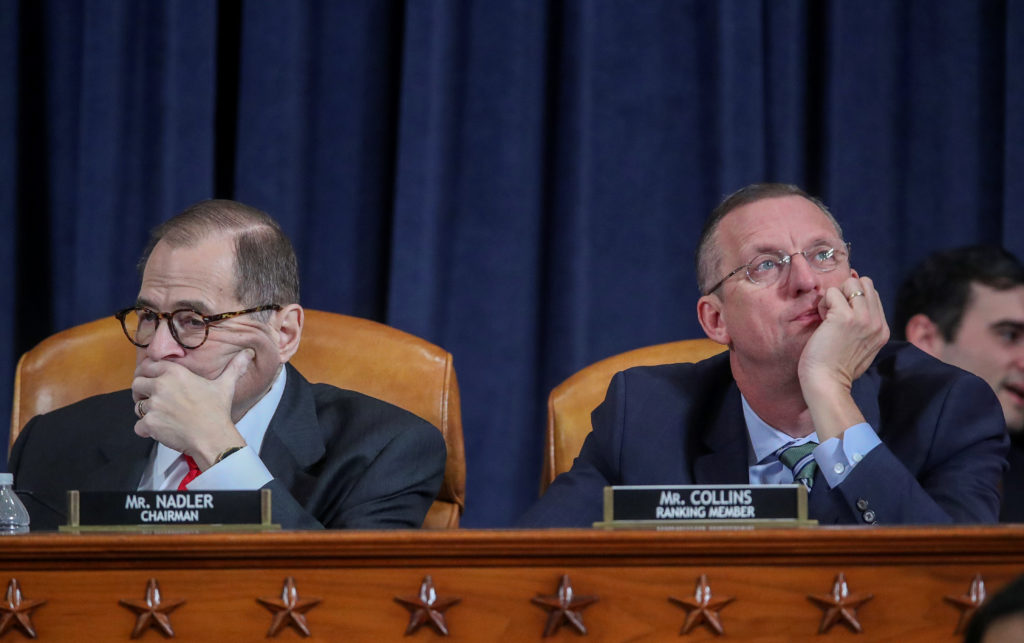 Representative Jim Jordan speaking at a House Judiciary Committee hearing, with microphones and nameplates visible during an official congressional proceeding