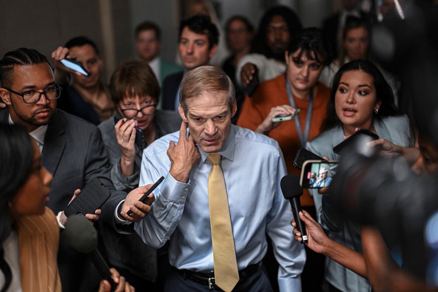Representative Jim Jordan speaking to reporters on Capitol Hill outside a House office building in Washington, DC