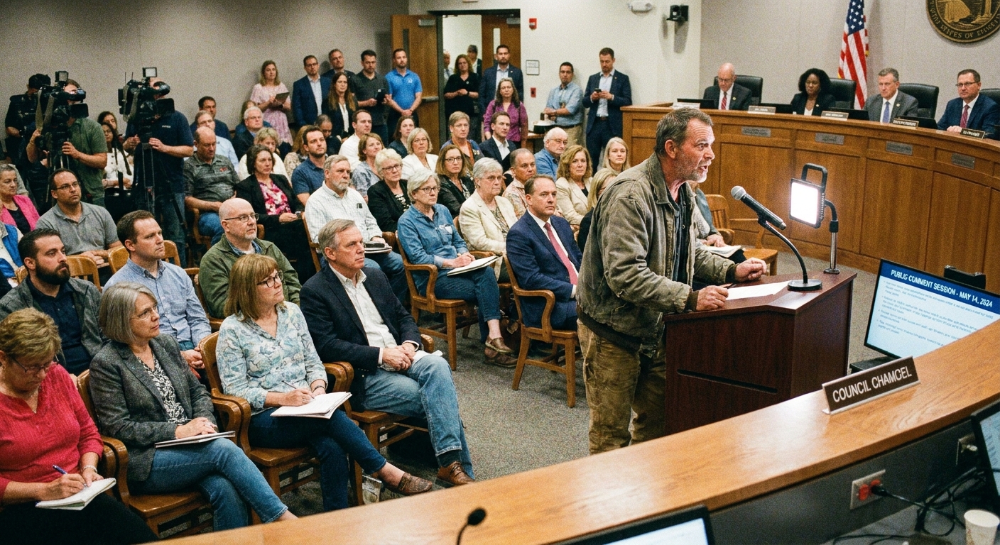 Residents seated in a city council meeting room listening to a speaker at a microphone during a public comment session, news photography style