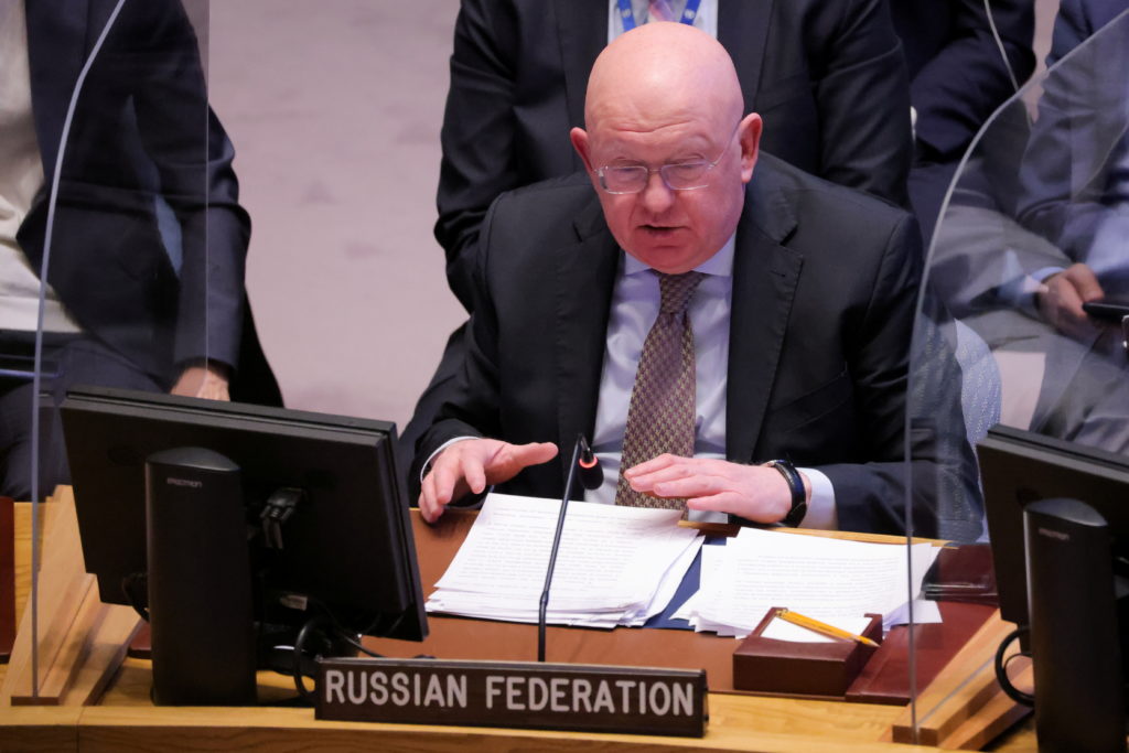Russia’s representative at the UN Security Council seated at the council table