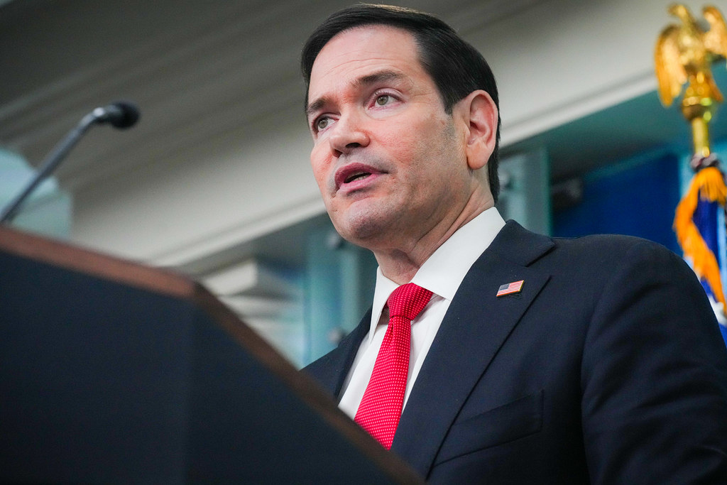 Secretary of State Marco Rubio speaks to reporters before boarding a plane for a trip to Uzbekistan