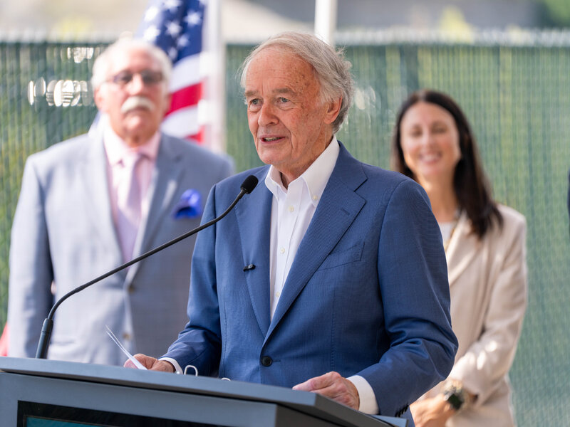Sen. Ed Markey speaking at a lectern during a public appearance
