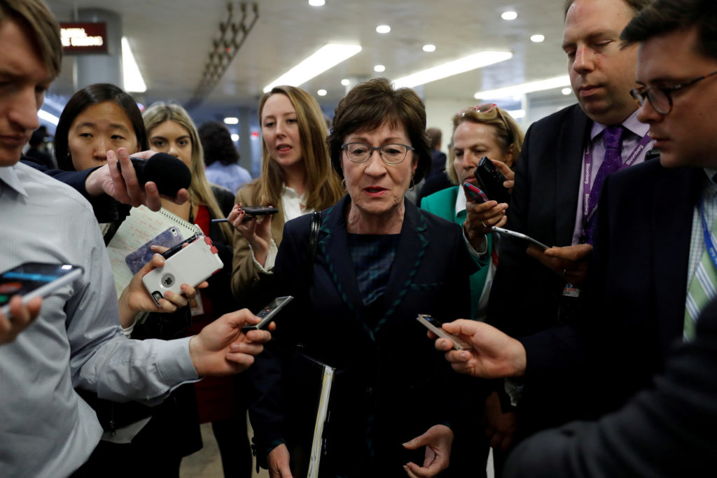 Sen. Susan Collins speaking to reporters during a public press availability