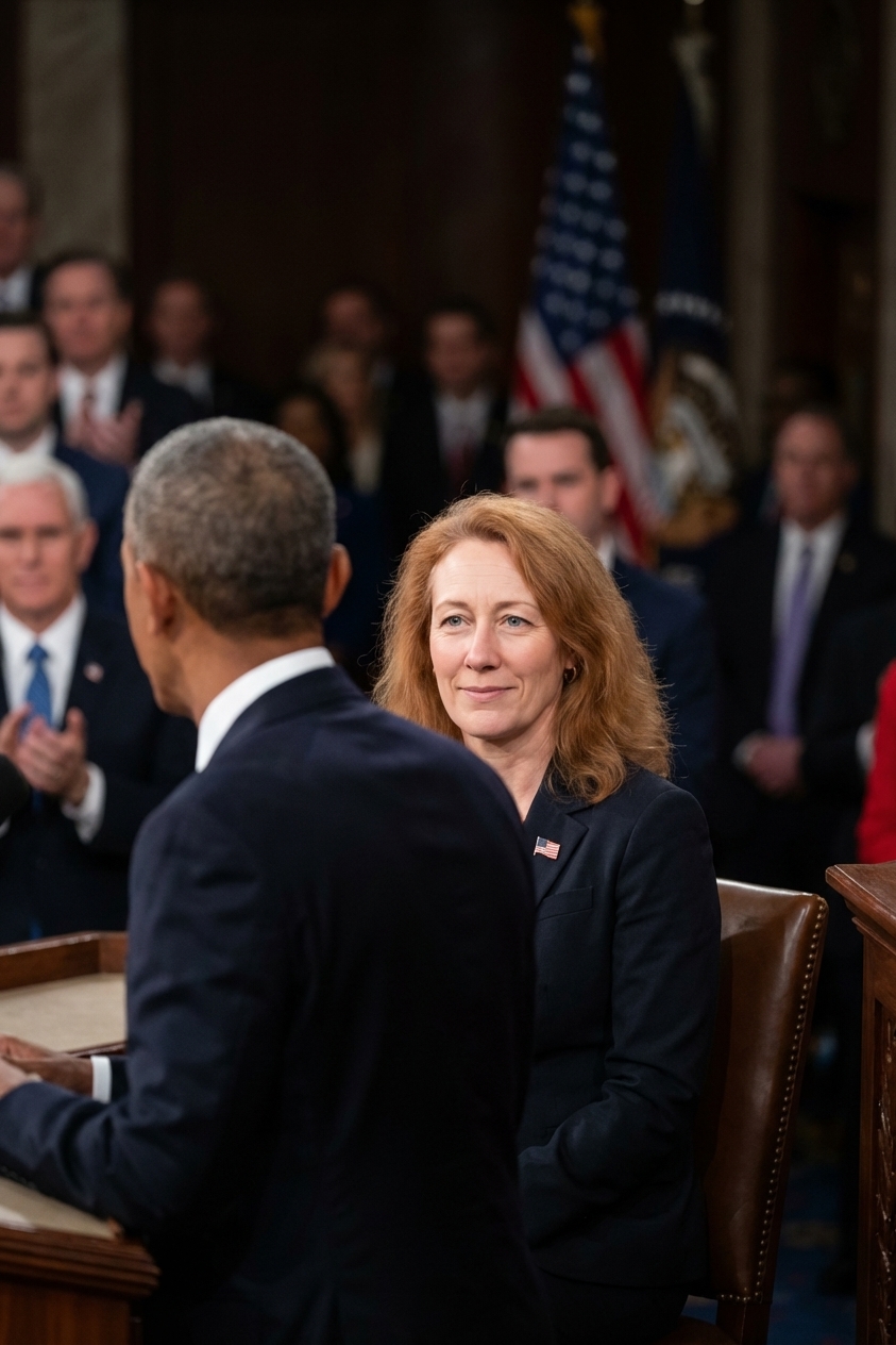 Speaker Nancy Pelosi seated behind the President in the House chamber during a State of the Union, reacting with a reserved expression, news photography style