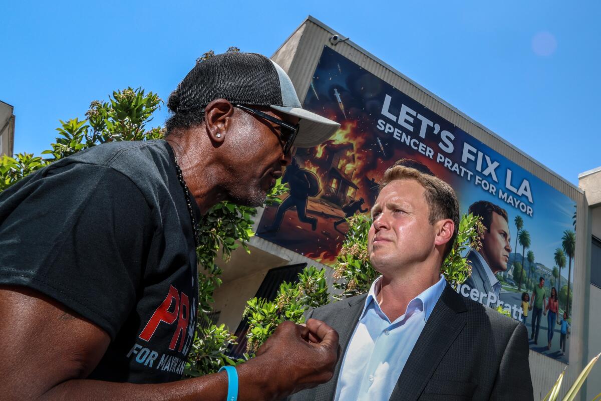 Spencer Pratt greeting supporters at a Los Angeles mayoral campaign event, editorial news photo