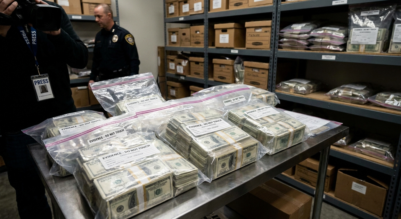 Stacks of U.S. currency packaged as evidence on a table inside a law enforcement evidence room, news photography style