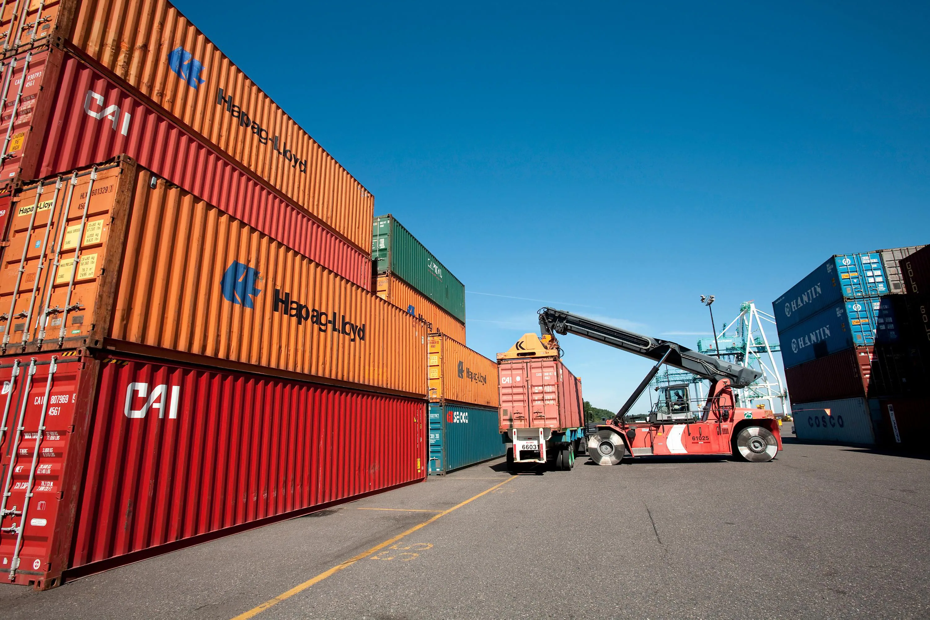 Stacks of cargo containers being lifted by a large crane at a busy United States seaport, with dockworkers and trucks visible in the midground, news photography style