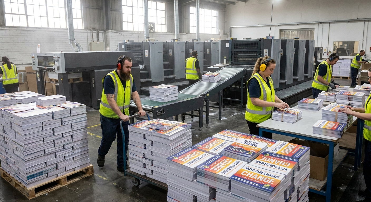 Stacks of political campaign mailers being printed in an industrial print shop, with workers handling bundles of glossy flyers, documentary news photography style