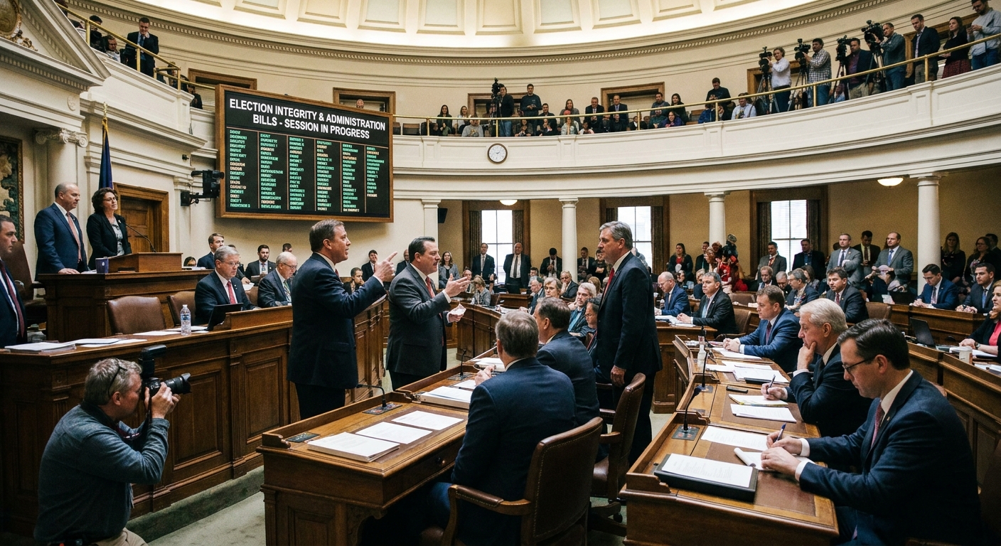 State legislators gathered in a capitol chamber during a legislative session focused on election administration, candid news photography style