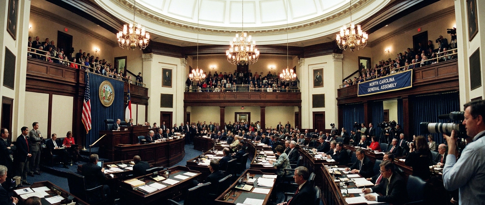 State legislators gathered in the North Carolina General Assembly chamber in Raleigh during a legislative session, wide-angle news photography style