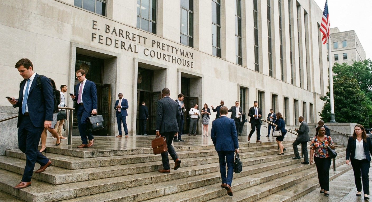 Stone steps outside a federal courthouse in Washington, DC with lawyers and visitors walking up and down, candid news photography style