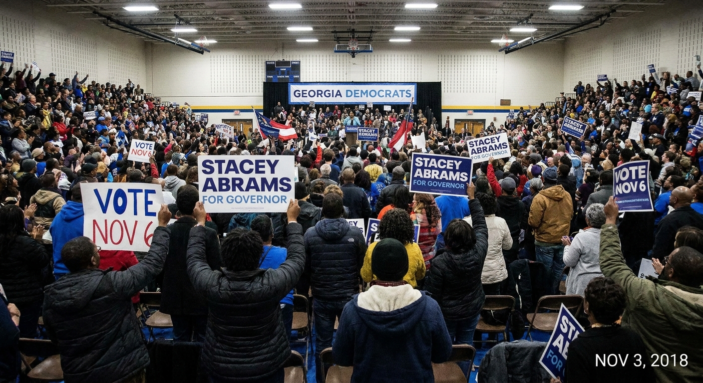 Supporters gathered in a crowded indoor venue during a November 2018 gubernatorial campaign rally in the United States, candid news photography style