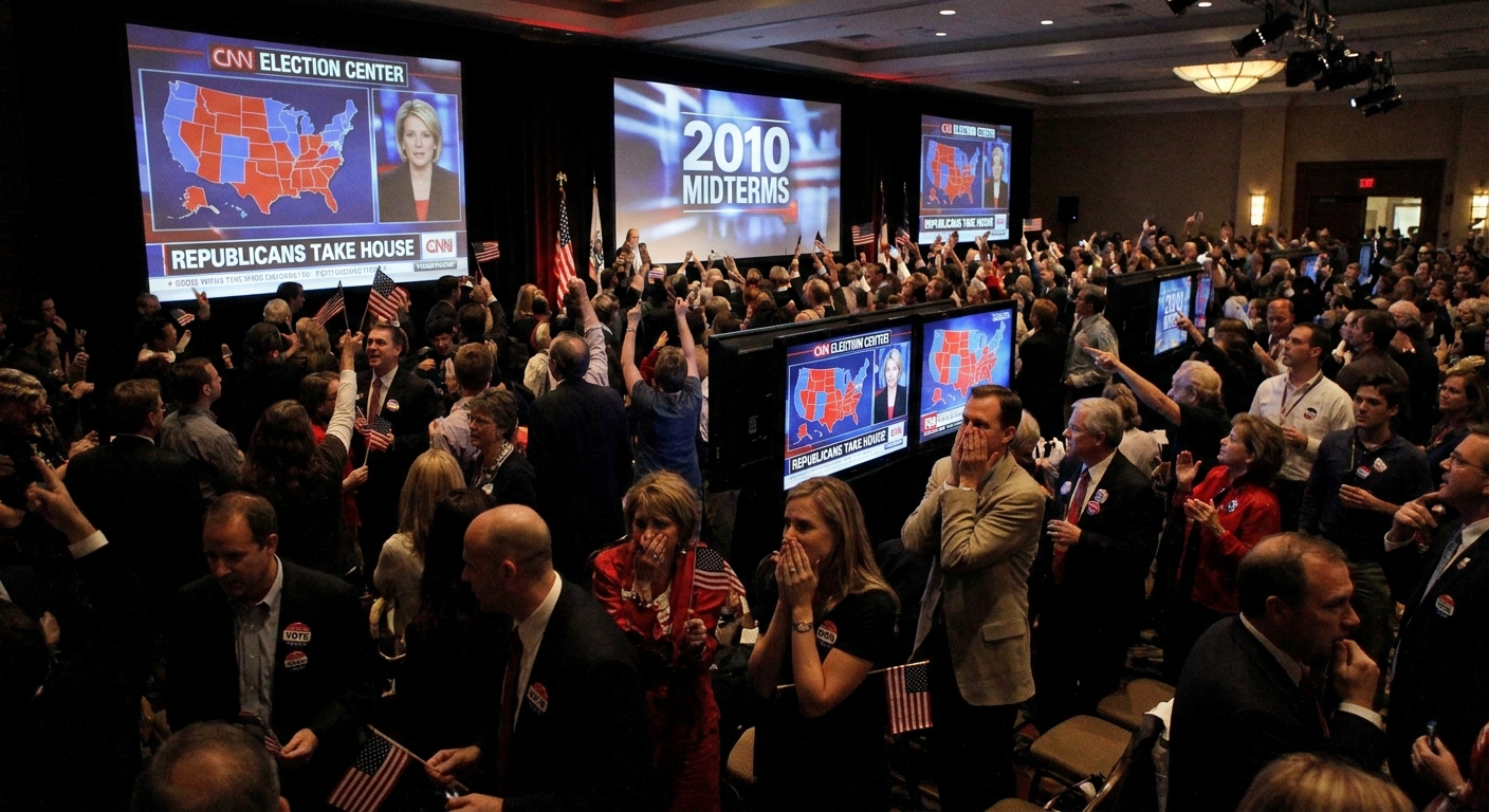 Supporters watching election results on television screens at a crowded election night watch party during the November 2010 midterm elections, news photography style