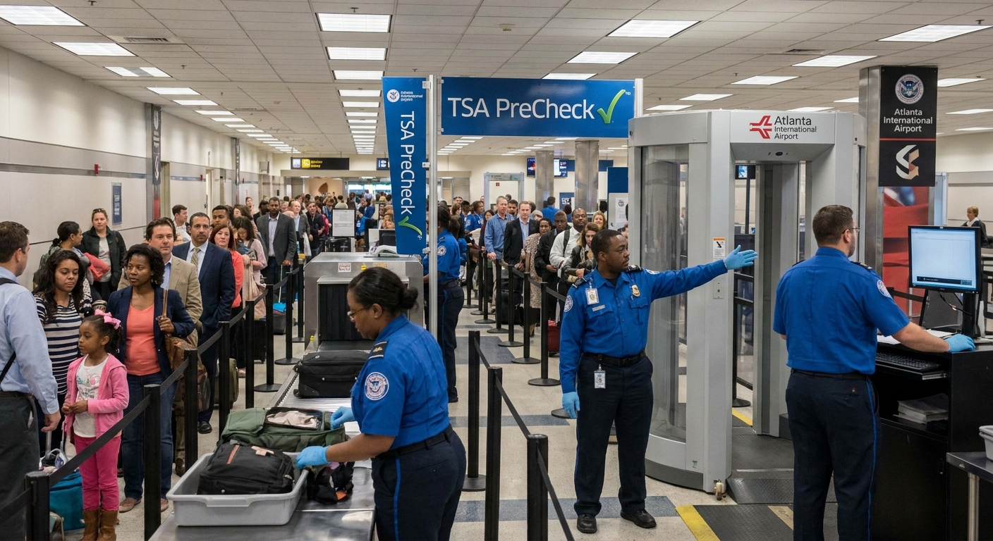 TSA officers screening travelers at an airport security checkpoint in Atlanta, with passengers waiting in line, news photography style