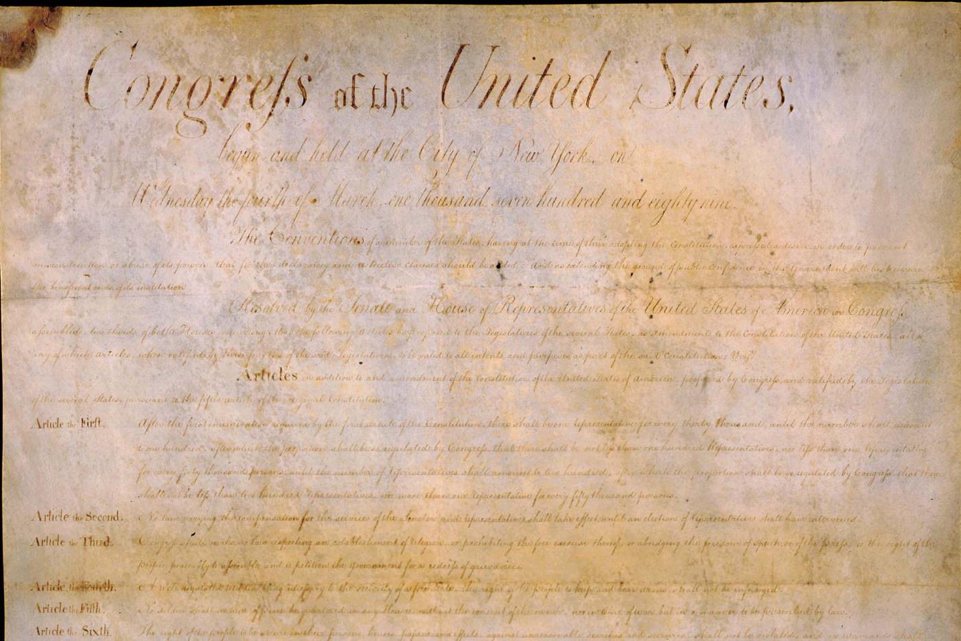 The Bill of Rights on display at the National Archives, showing the text of the Fourth Amendment