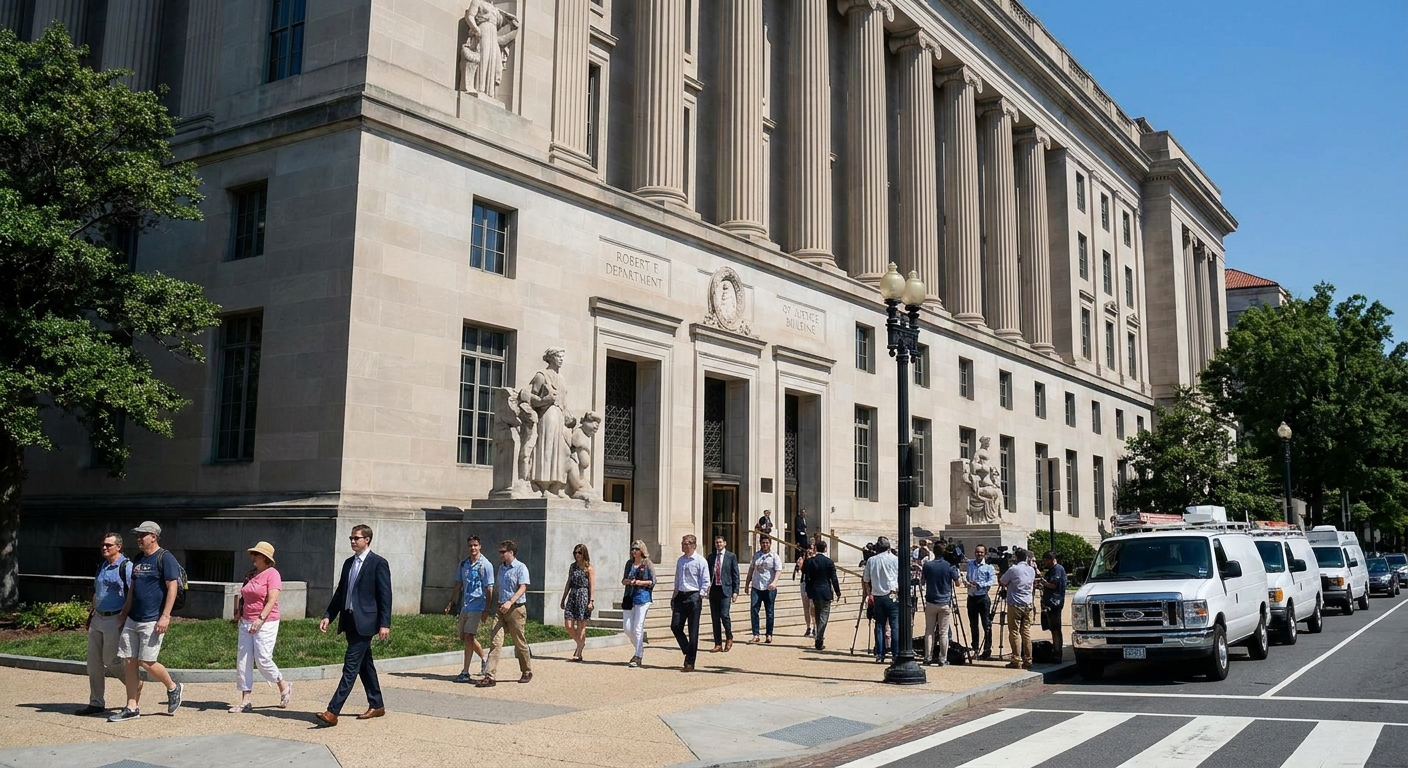 The Department of Justice building in Washington, DC on a clear day, viewed from street level with people walking nearby, news photography style
