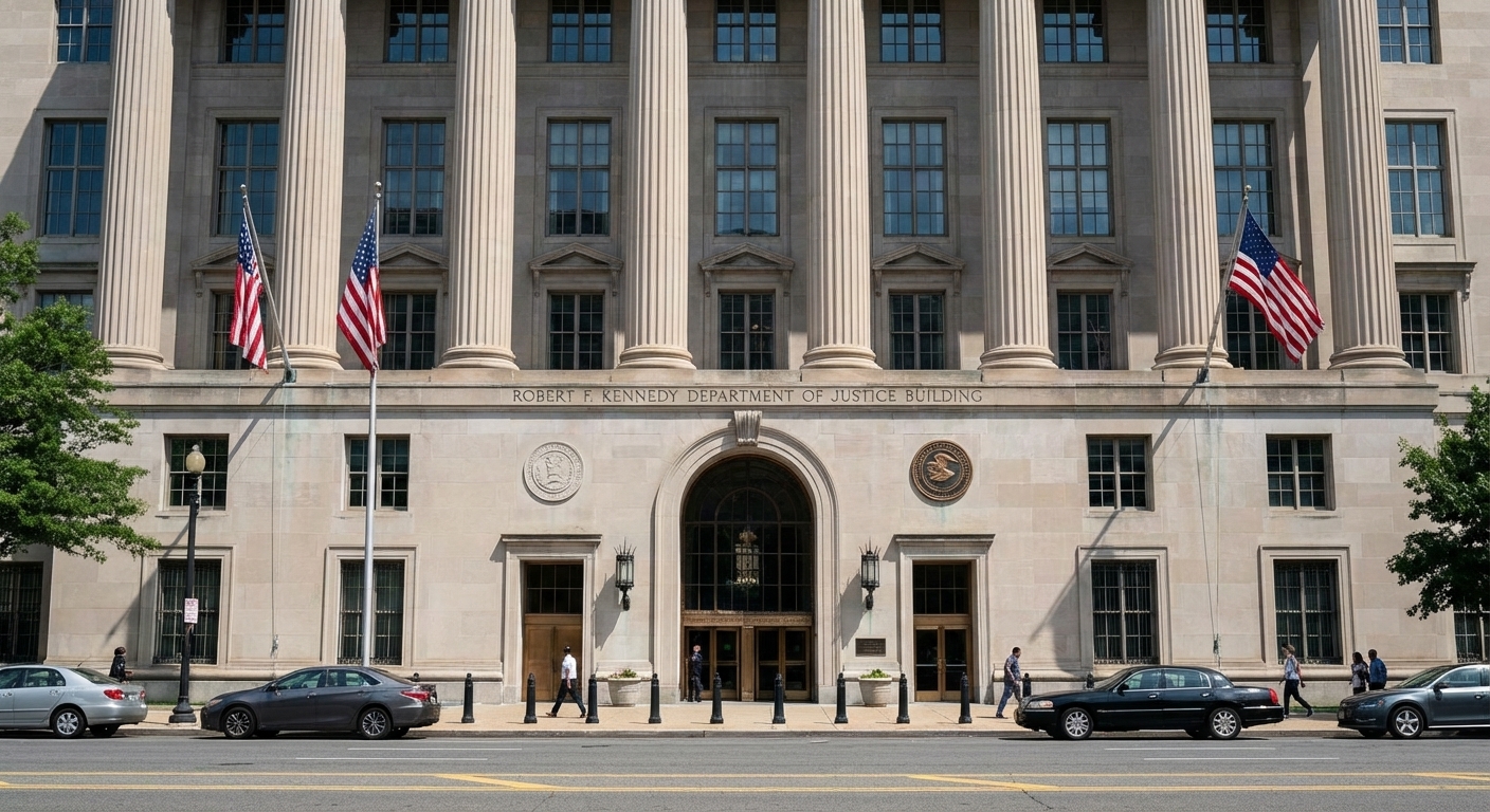 The Department of Justice headquarters building in Washington, D.C. photographed straight-on with its columns and entrance visible, realistic news photography