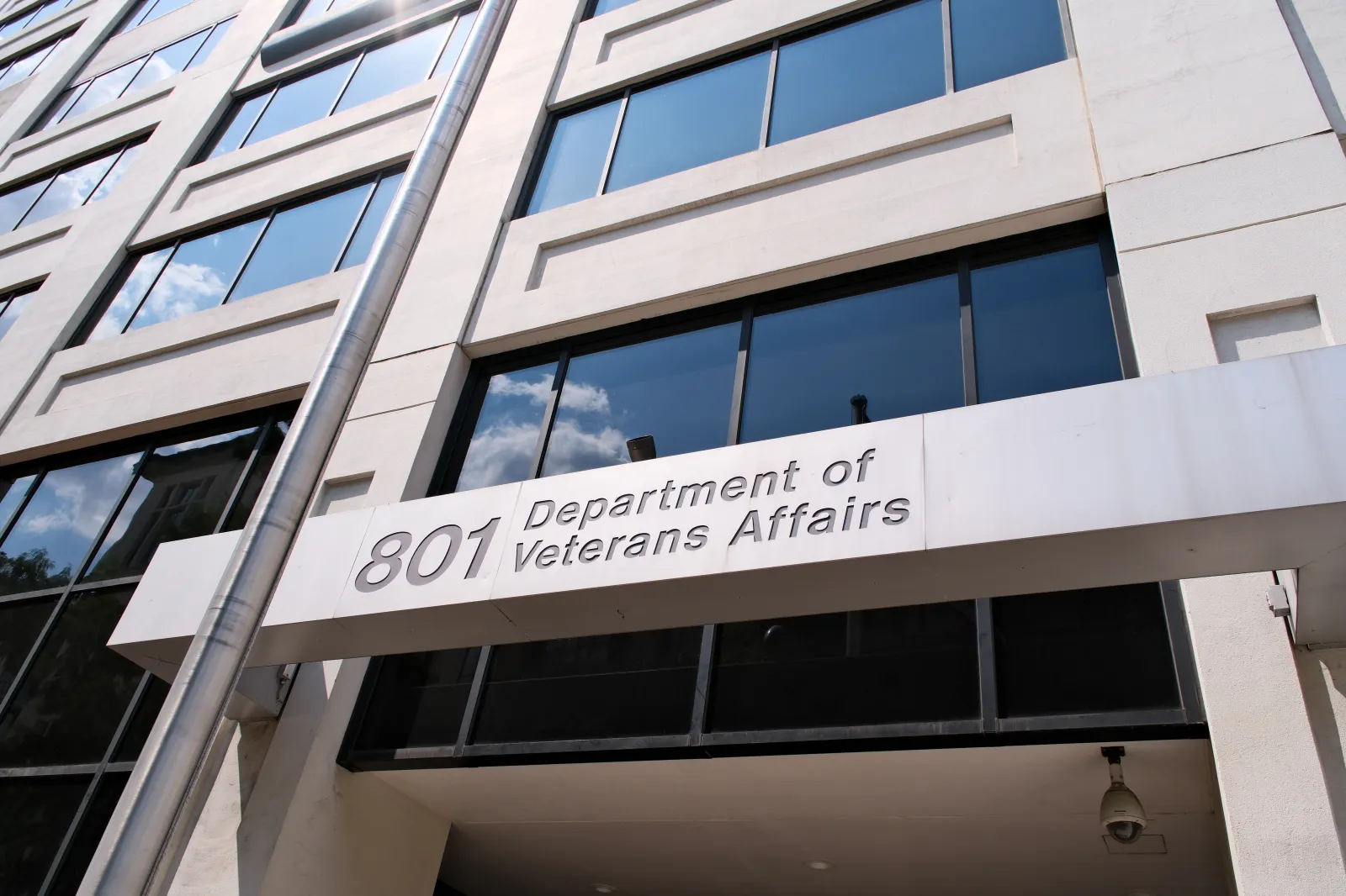 The Department of Veterans Affairs headquarters building in Washington, D.C., shown from the outside in a straightforward documentary-style photograph