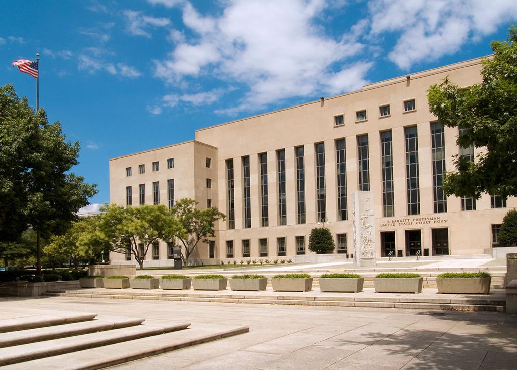 The E. Barrett Prettyman United States Courthouse in Washington, DC, shown from outside with its name visible on the building