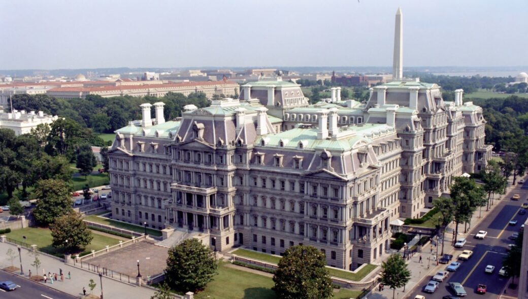 The Eisenhower Executive Office Building next to the White House, photographed from a public street in Washington, DC