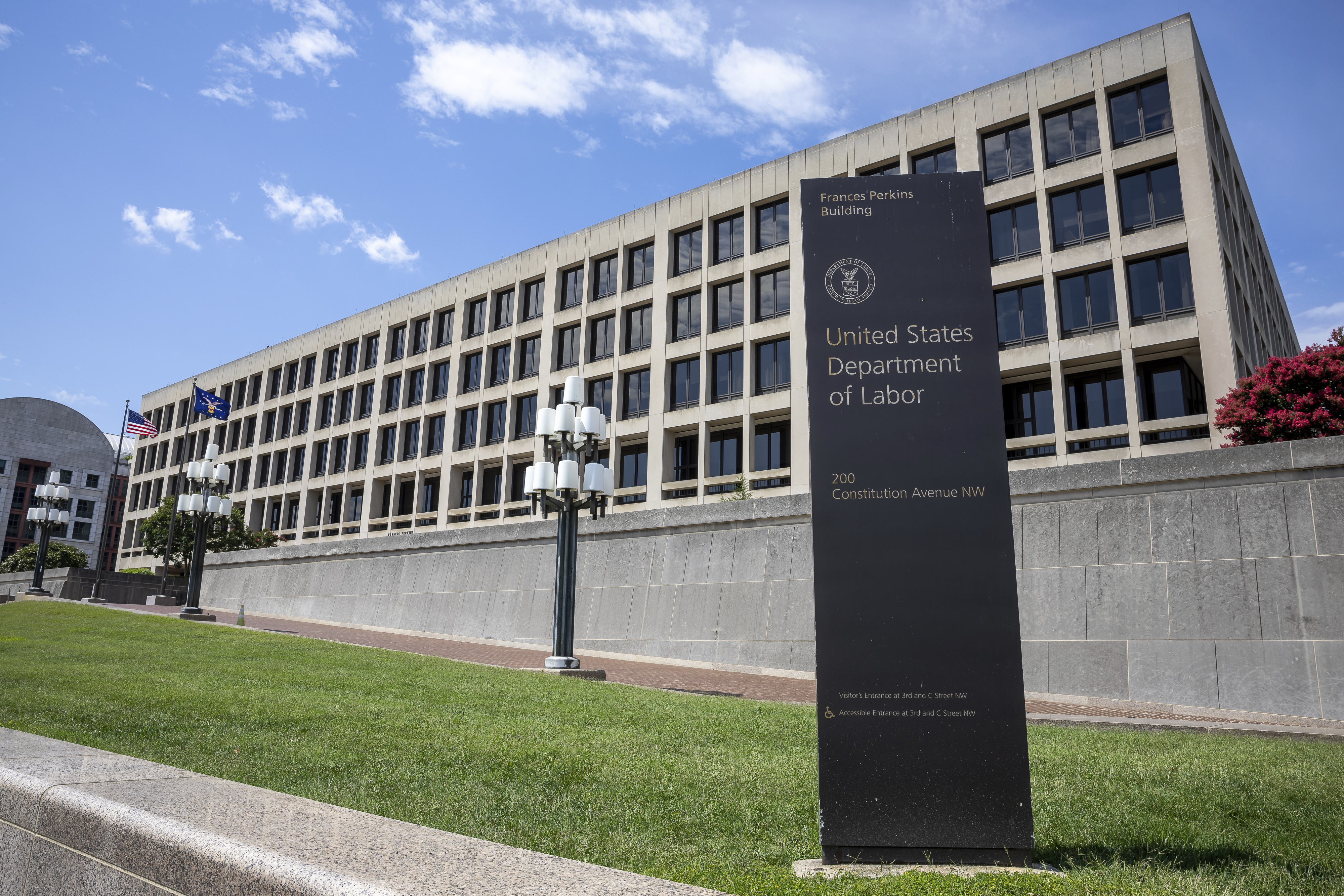 The Frances Perkins Building, headquarters of the U.S. Department of Labor in Washington, D.C., with the agency name visible on the exterior