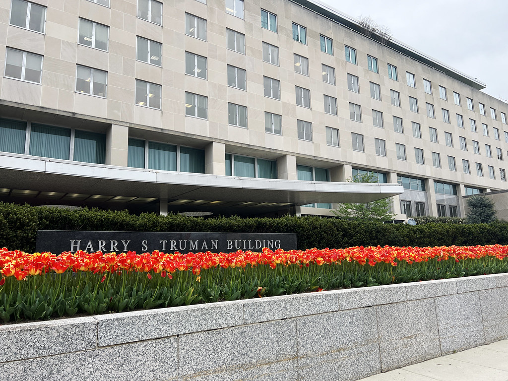 The Harry S. Truman Building, headquarters of the U.S. Department of State in Washington, D.C., photographed from the street in daylight