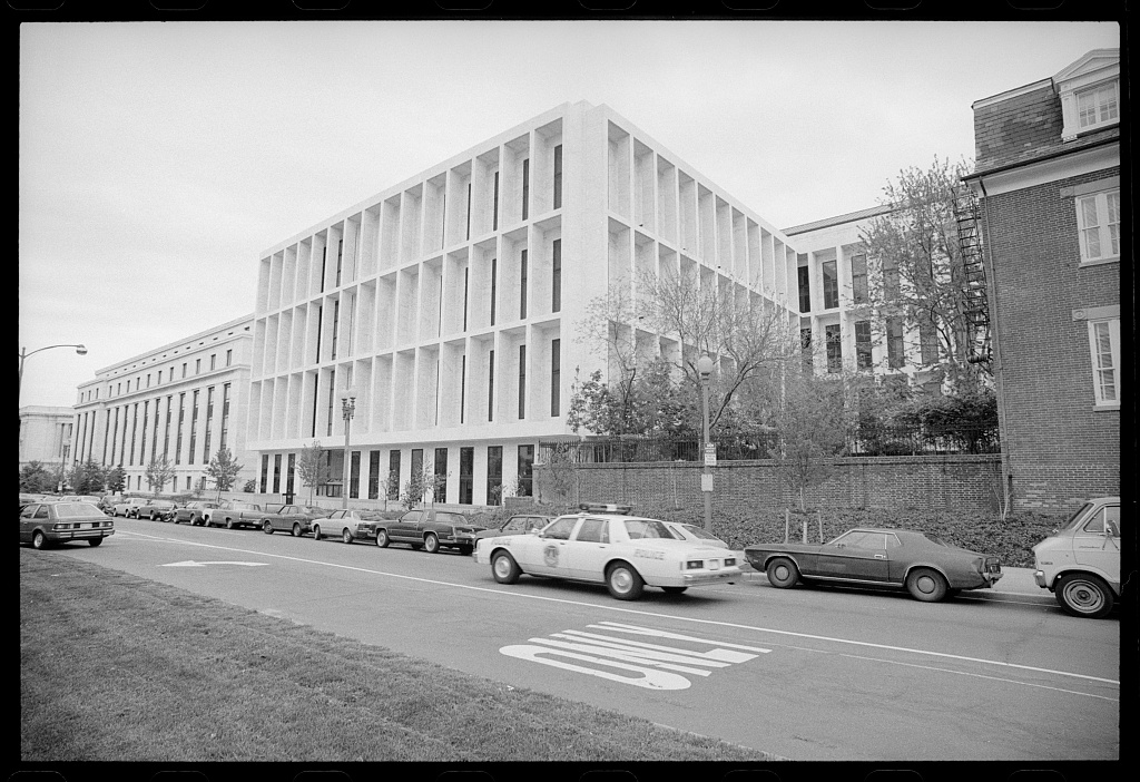 The Hart Senate Office Building on Capitol Hill in Washington, DC, seen from outside with pedestrian walkways and security features visible in daylight