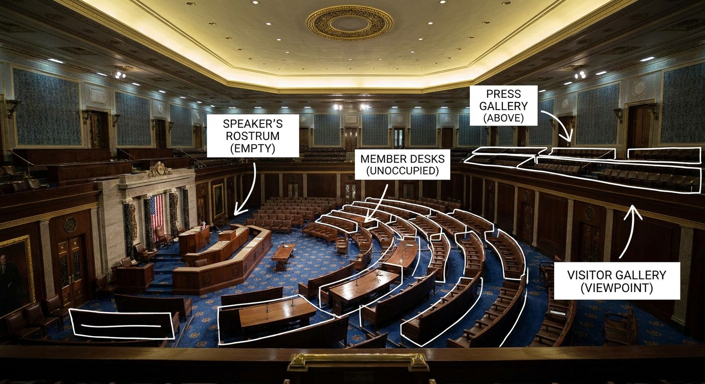 The House chamber inside the United States Capitol in Washington, D.C., photographed from the gallery with empty seats, news photography style