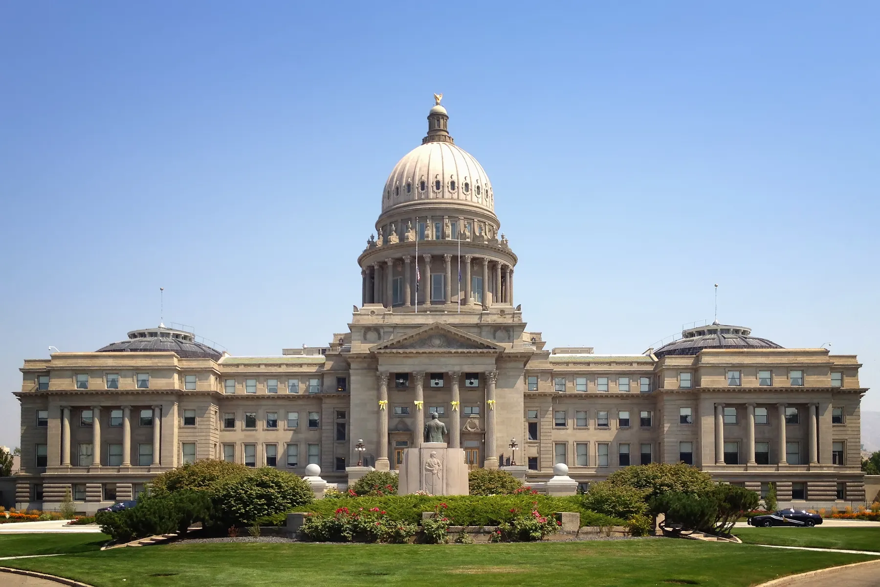The Idaho State Capitol in Boise, shown from the front with the dome and steps visible