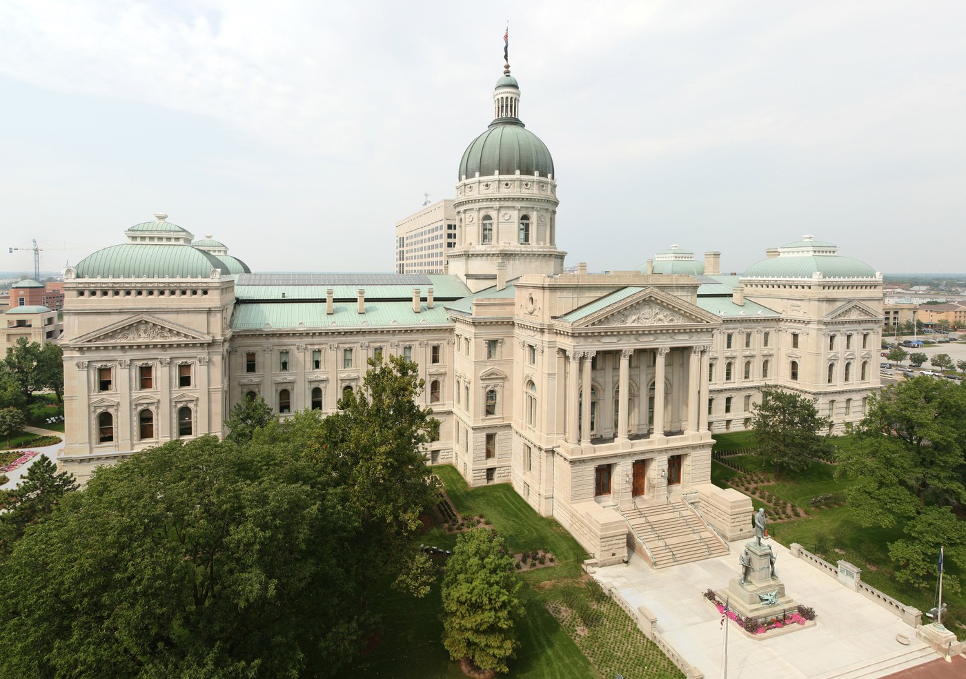 The Indiana Statehouse building in Indianapolis, Indiana, photographed from the front with the dome visible