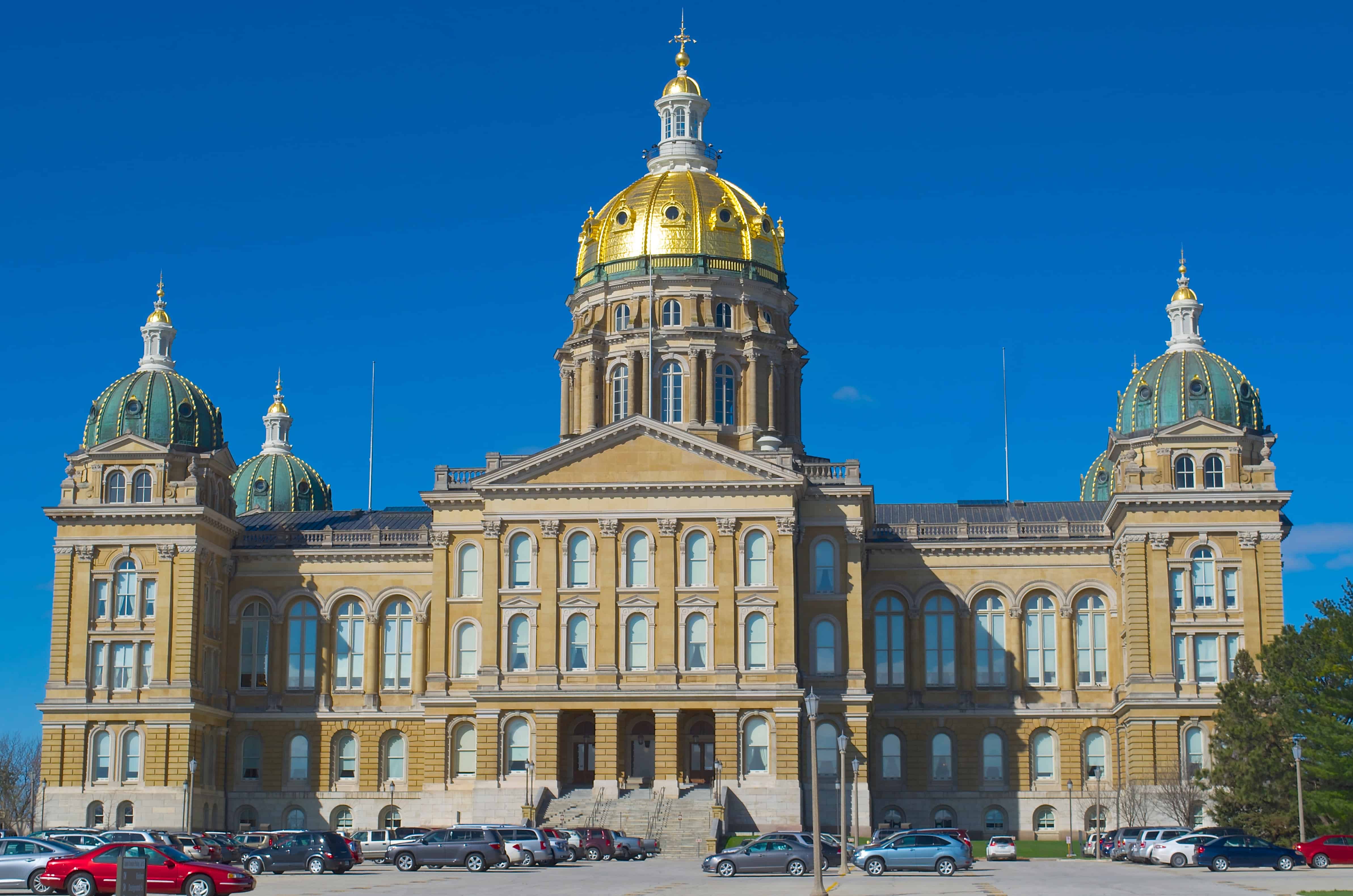 The Iowa State Capitol in Des Moines, photographed from outside with the dome visible