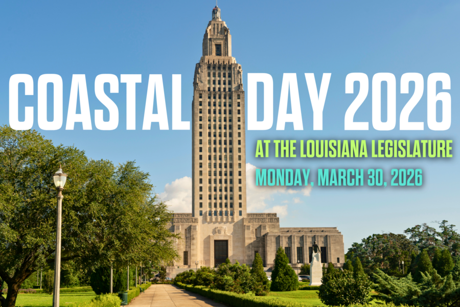 The Louisiana State Capitol building in Baton Rouge photographed from the grounds on a clear day, news photography style