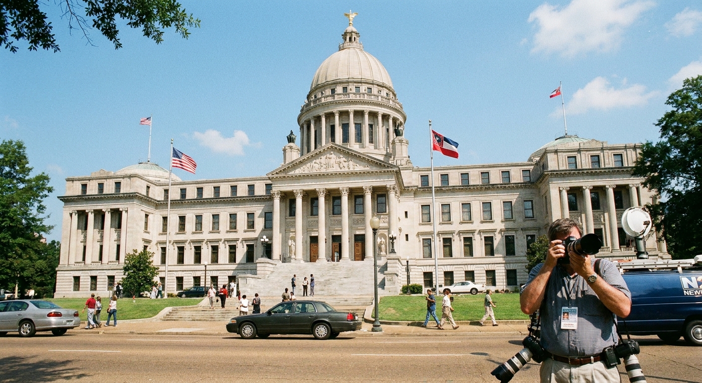 The Mississippi State Capitol building in Jackson, Mississippi, photographed from ground level in daylight, news photography style
