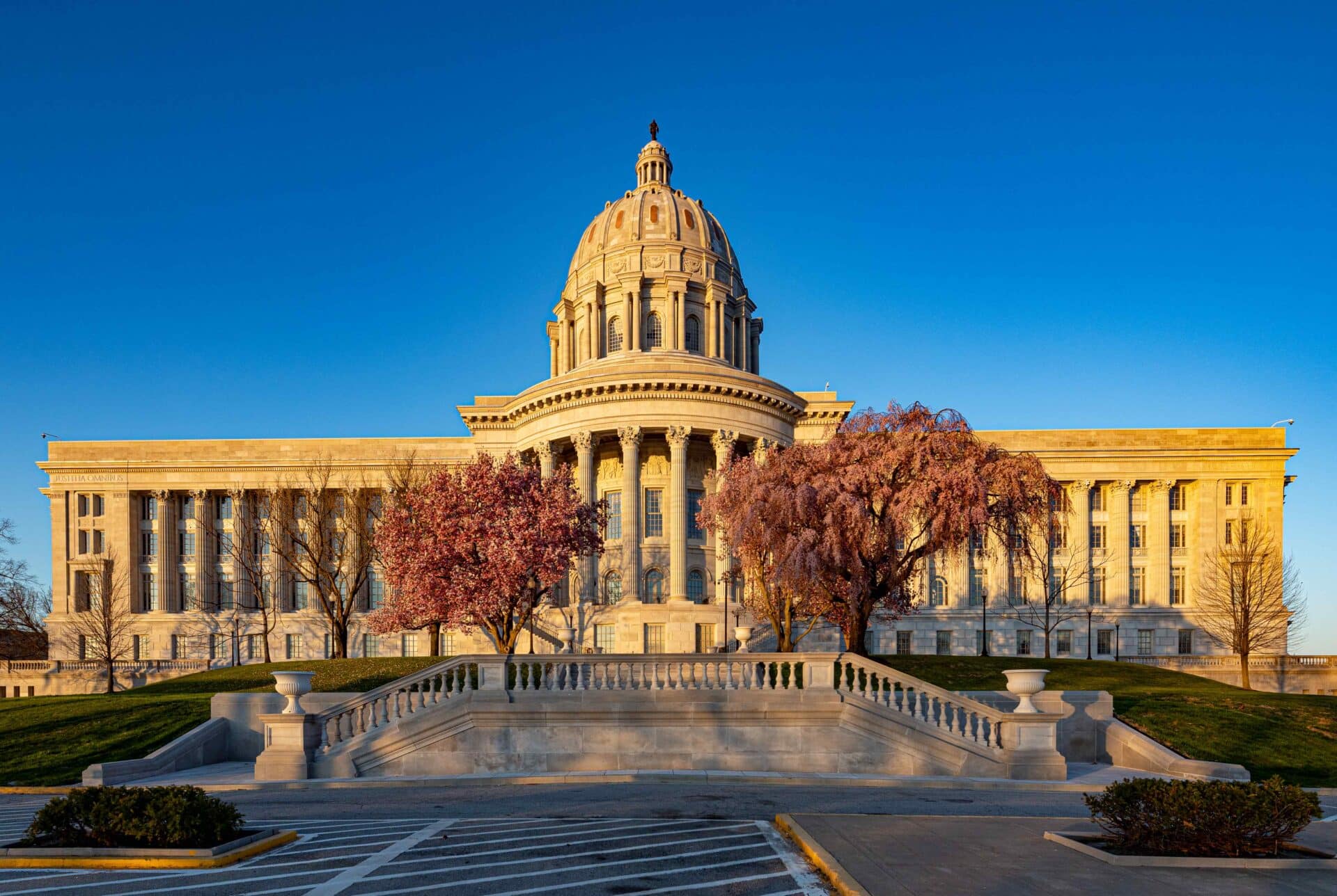 The Missouri State Capitol building in Jefferson City, Missouri, showing the dome and front steps in a real photograph