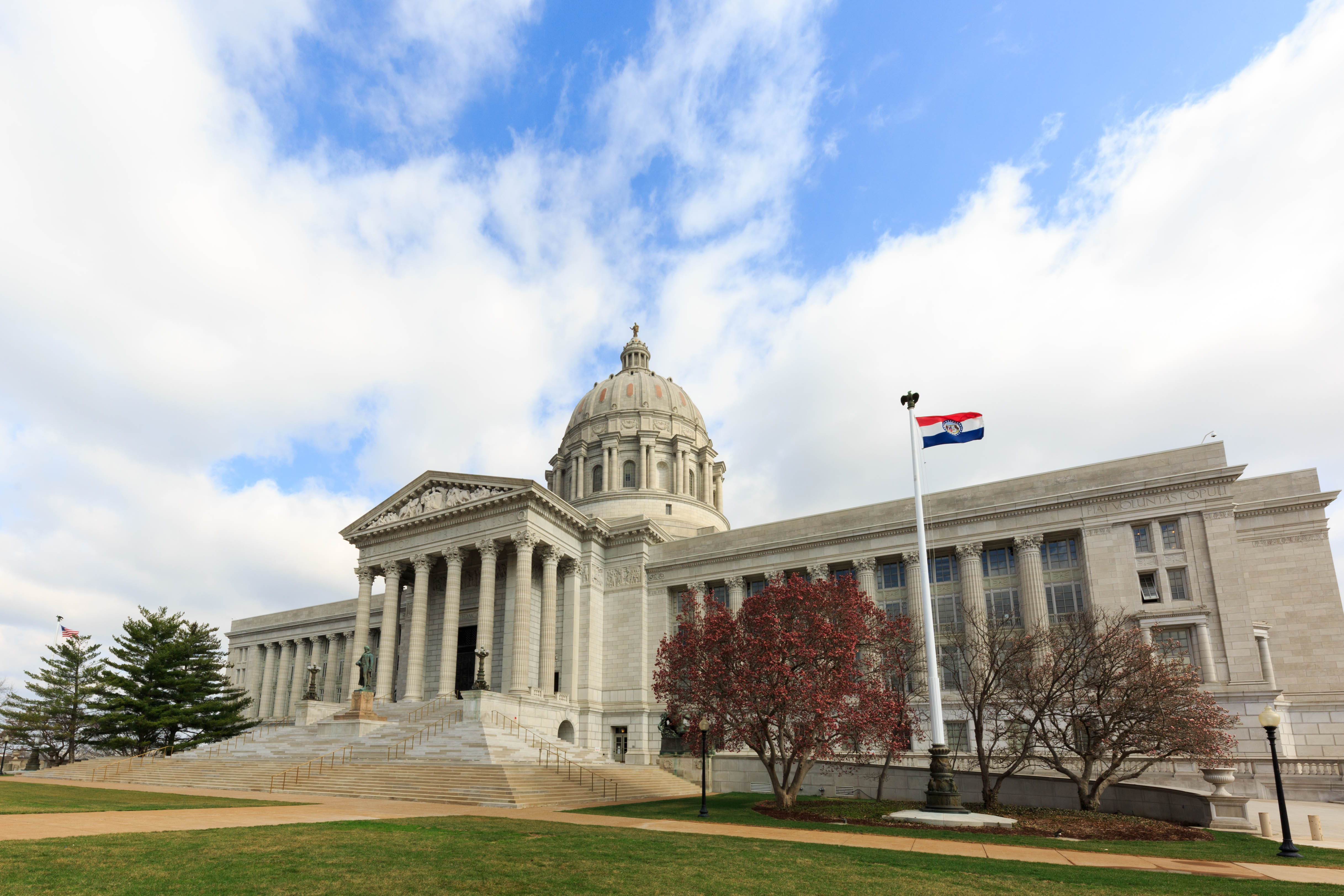 The Missouri State Capitol building in Jefferson City, Missouri, viewed from the grounds on a clear day
