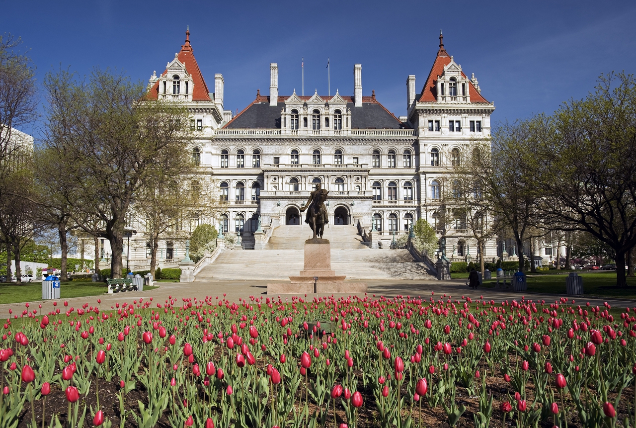The New York State Capitol in Albany, where lawmakers sometimes debate public safety and policing bills, including proposals involving officer identification and face coverings.
