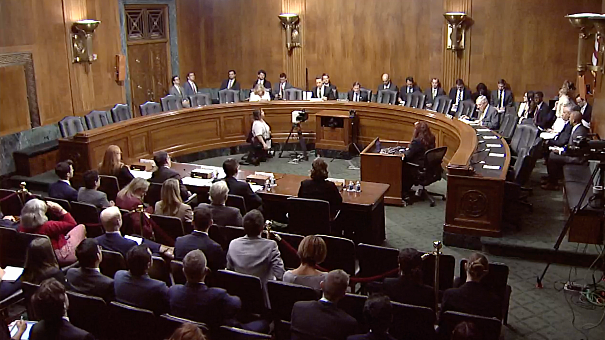 The Senate Judiciary Committee hearing room, showing the dais and witness table set up for testimony.