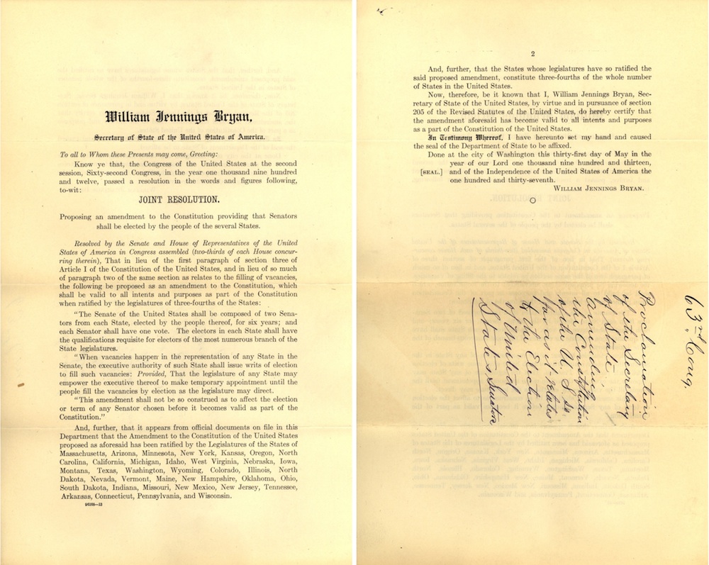 The Seventeenth Amendment displayed at the National Archives.