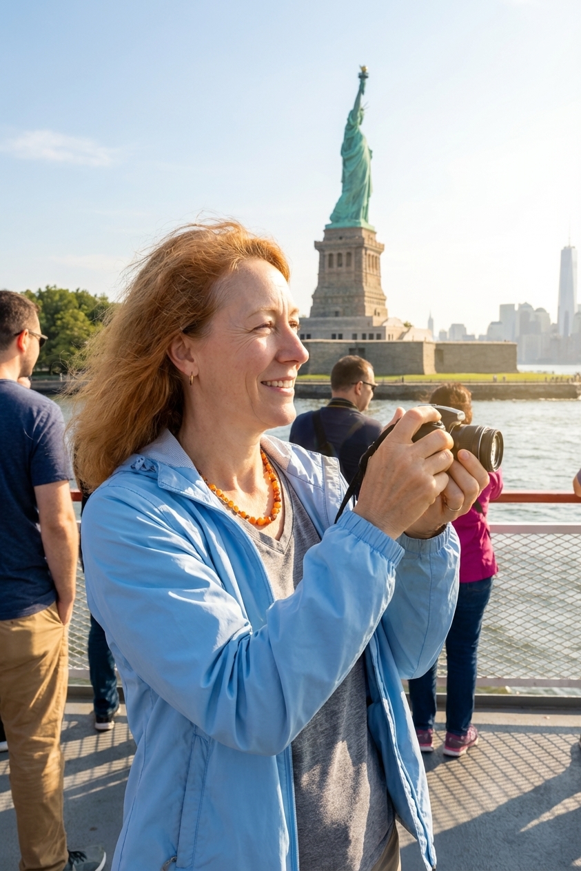 The Statue of Liberty photographed from a ferry with New York Harbor in the background on a bright afternoon, realistic travel photograph