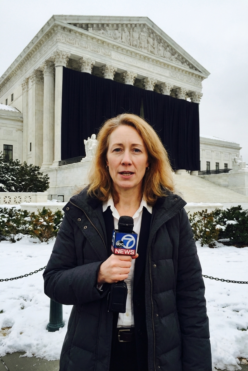 The Supreme Court building in Washington, DC, photographed in February 2016 with a black drape on the building to mark a justice's death, news photography style