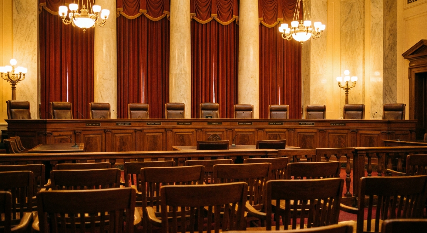 The Supreme Court courtroom bench where the justices sit, photographed from the audience seating with empty chairs and warm lighting