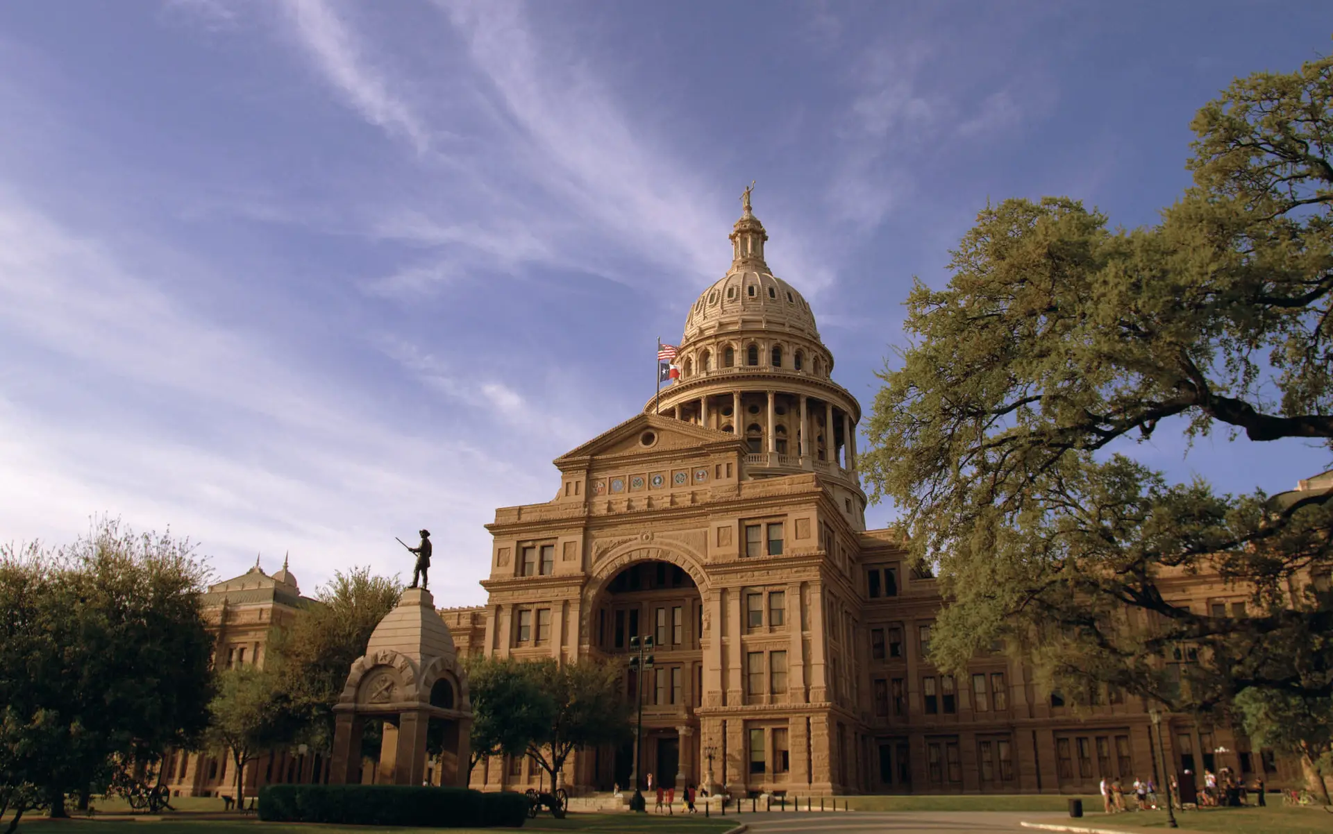 The Texas State Capitol in Austin, photographed from the grounds with the dome centered
