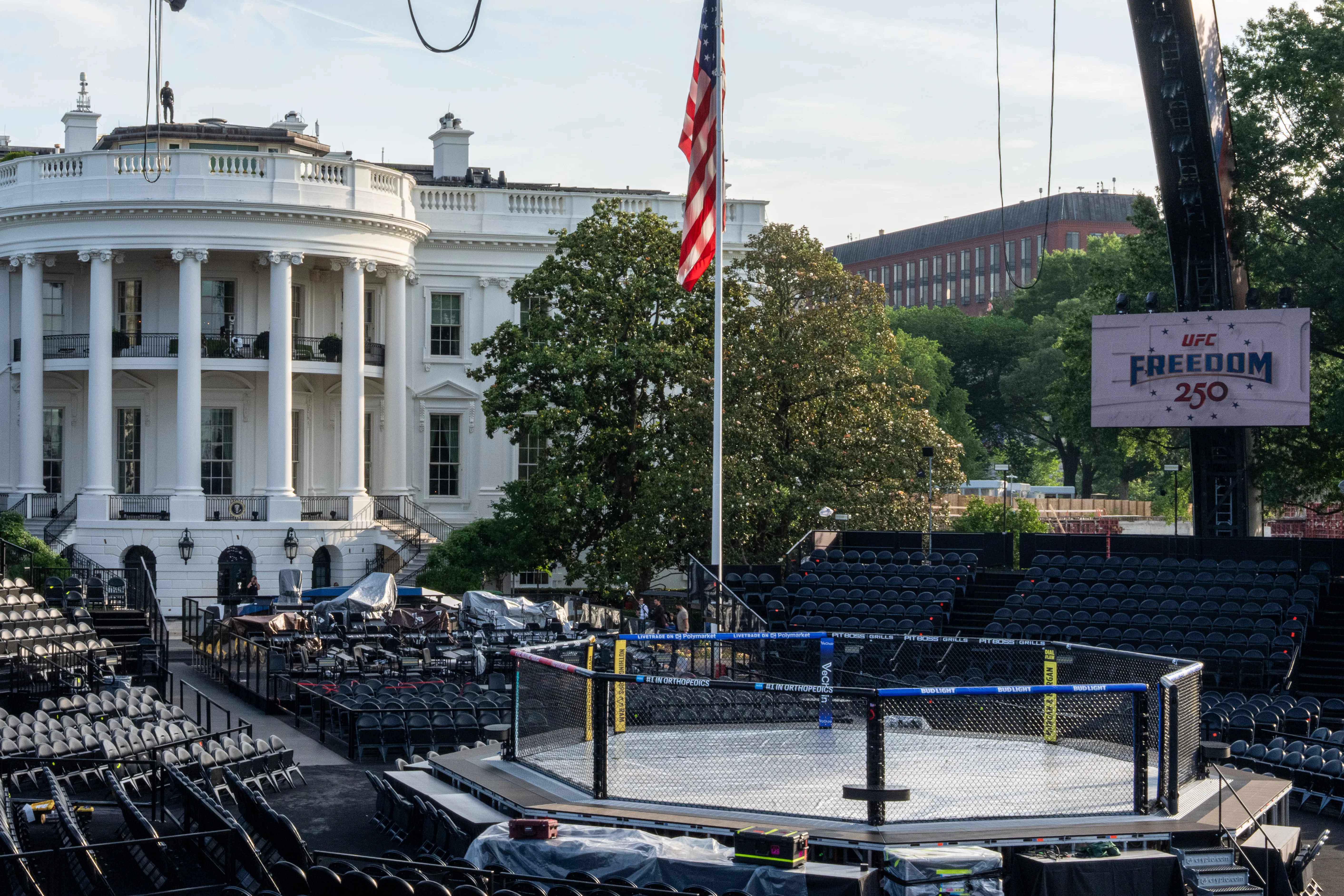 The UFC Octagon structure set up on the White House South Lawn for the fight night event