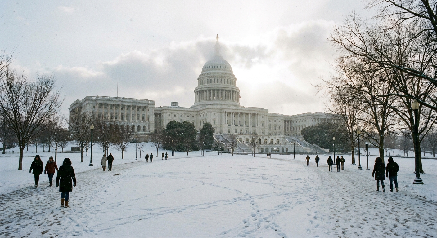 The U.S. Capitol building in Washington, DC on a winter morning, with people walking on the grounds