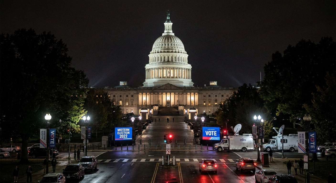 The U.S. Capitol building lit up at night on Capitol Hill in Washington, D.C. during the 2022 midterm election period, long lens news photography style